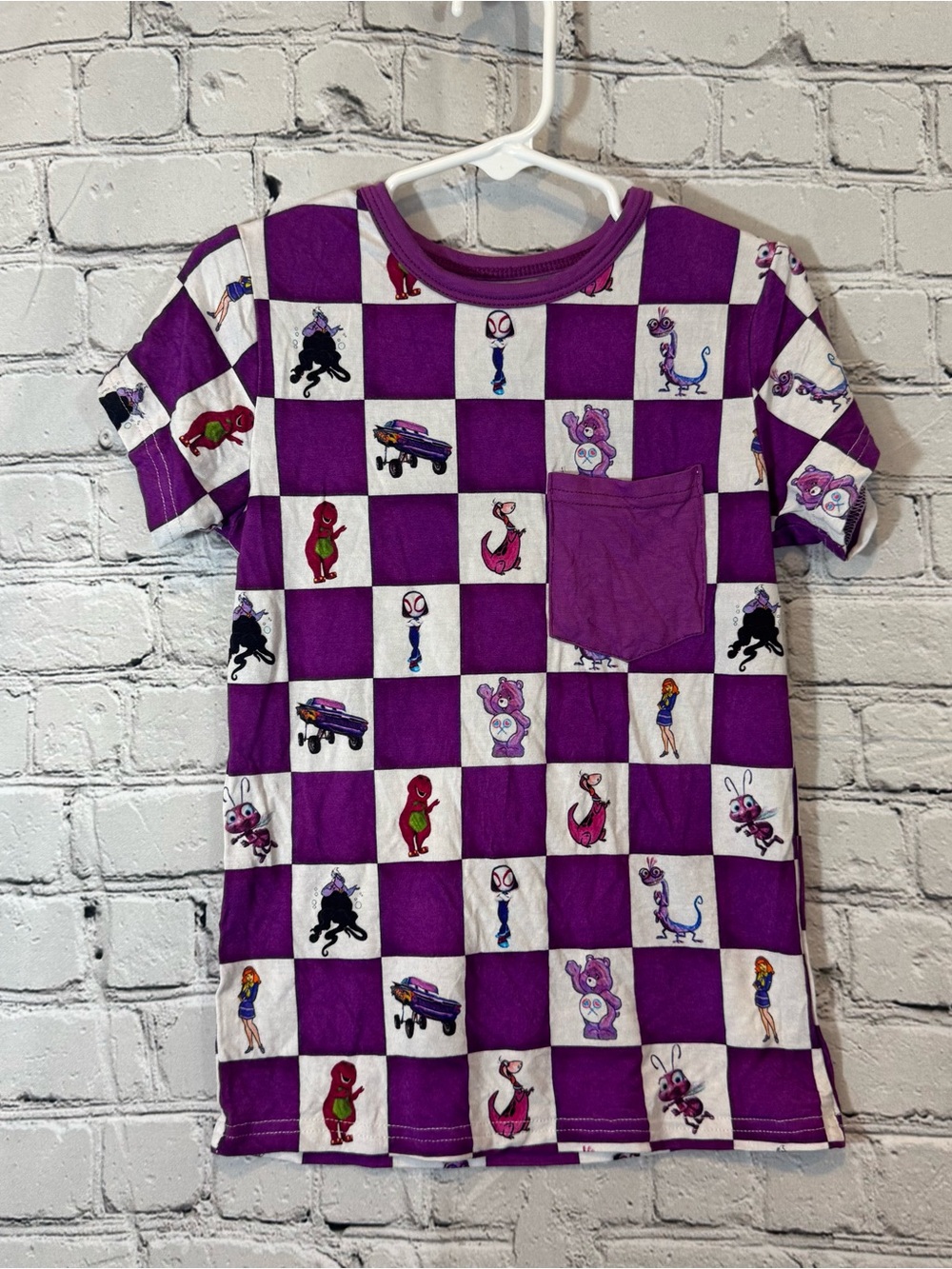 &Me Bamboo Purple Characters Checker Pattern Bamboo Pocket T-Shirt
